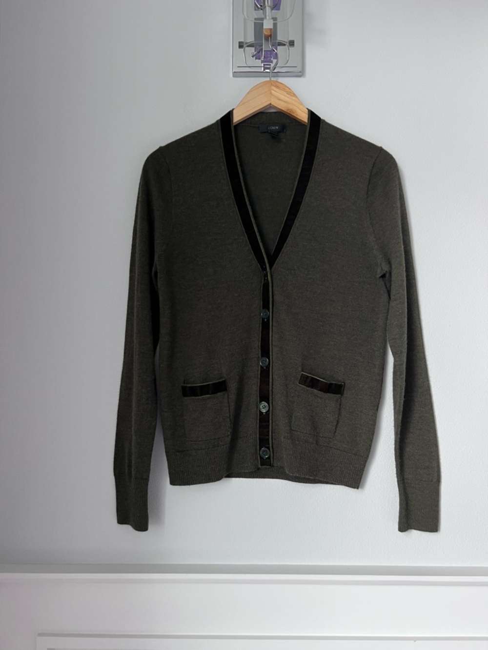 Womens  Olive V-Neck Button Cardigan Sweater with velvet trim